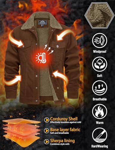 Image of TACVASEN Mens Winter Corduroy Jackets with Multi Pockets Turn-Down Collar | trucker jackets,warm jacket casual stylish,sherpa coat,cotton,thickened fleece lining,cold weather, vintage,barn,cargo