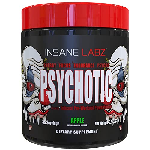Insane Labz Psychotic, High Stimulant Pre Workout Powder, Extreme Lasting Energy, Focus and Endurance with Beta Alanine, Creatine Monohydrate DMAE, 35 Srvgs (Apple)