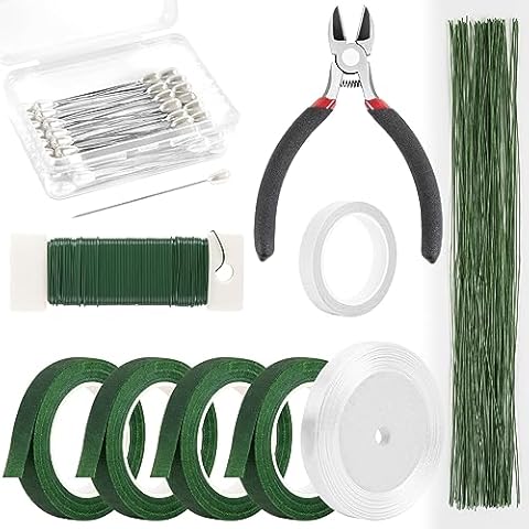 NESCCI Floral Arrangement Kit with Green Floral Tape and Wire,26 Gauge Floral Stem Wire,22 Gauge Floral Wire,Boutonniere Pin for Bouquet Stem Wrap Florist. Cover