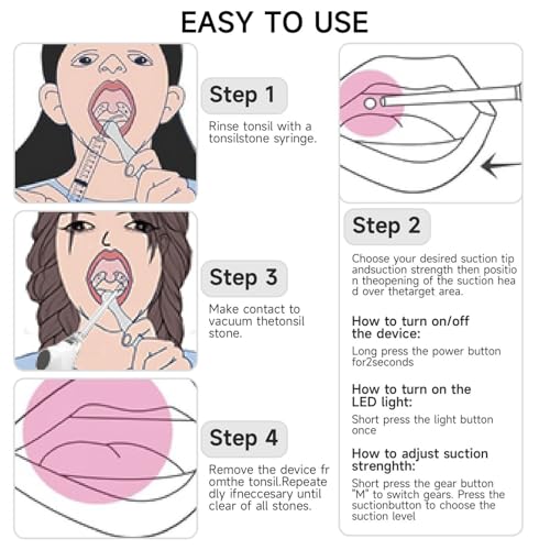 Kit electrónico de eliminación de piedras de amígdalas al vacío con luz LED de orientación, 3 modos de succión instantánea, 5 boquillas de silicona, lucha contra el mal aliento, irrigador oral para