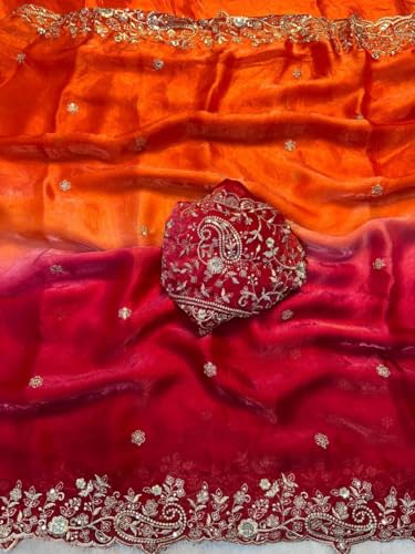 Image of Amazon Brand - Tavasya Fancy Fendy Satin Silk Saree with Multi Sequence Embroidery Work | Heavy Embroidered Wedding Party look Saree with Running Blouse Piece