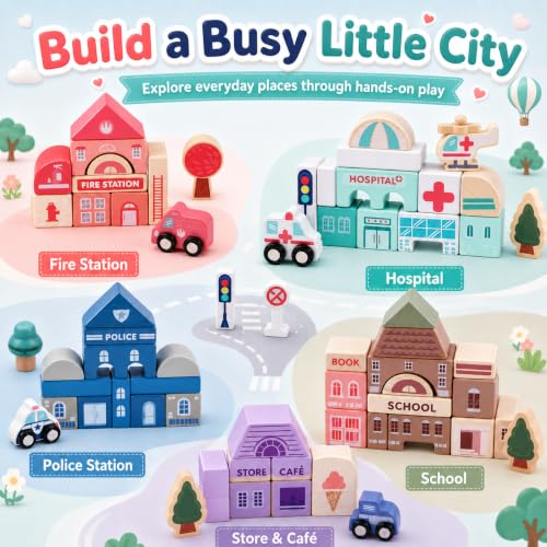 Migargle Wooden Building Blocks Set, 115 Pcs City Construction Stacker Stacking Preschool Learning Educational Toys, Toddler Toys for 3+ Year Old Boy and Girl Gifts — view 4
