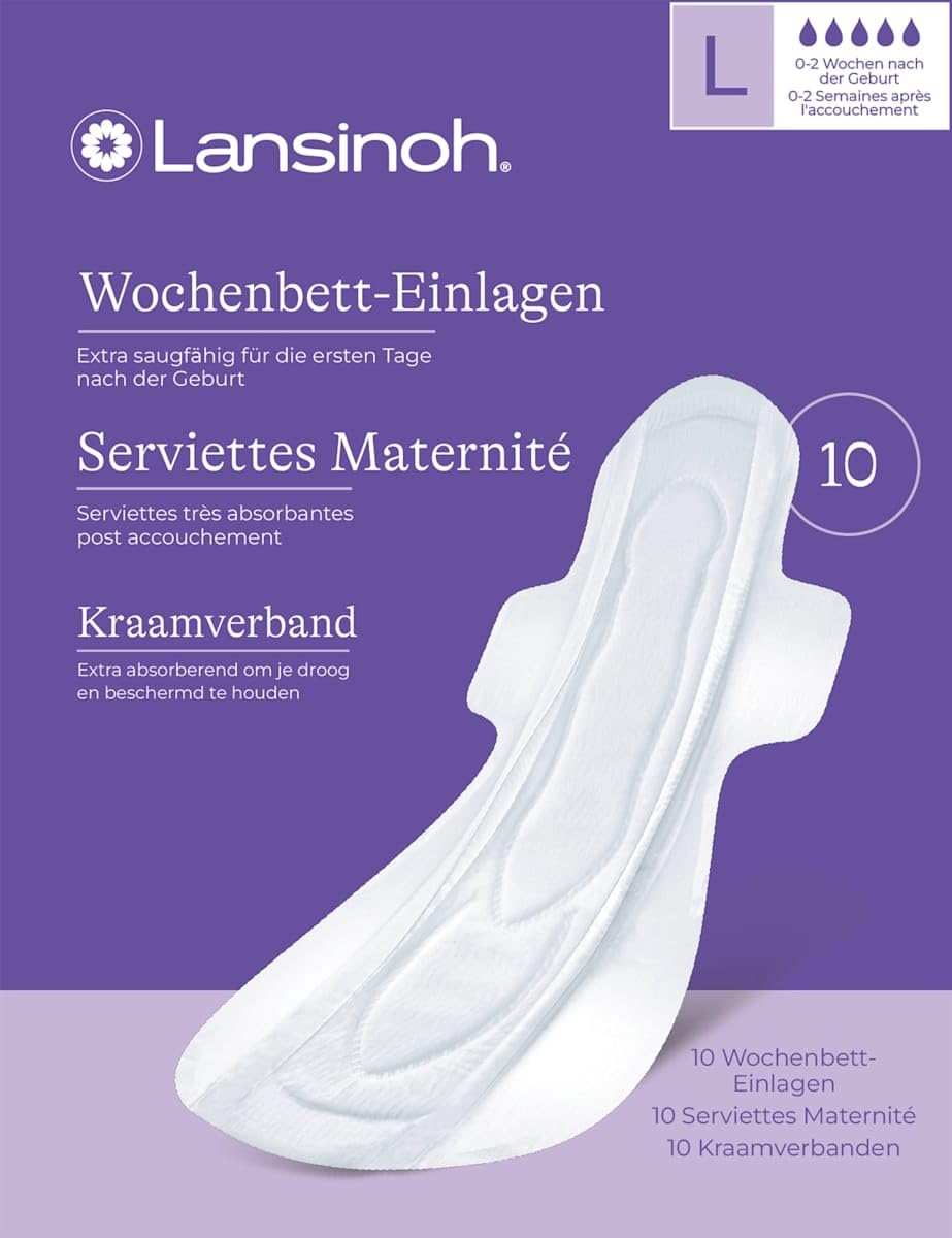 Lansinoh Puerperium Pads - Pack of 10 - Extra Absorbent & Breathable - For Strong Weekly Flow & The First Days After Birth
