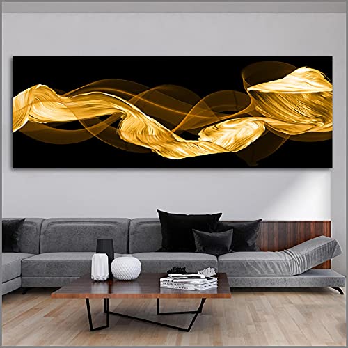 Affiches sur toile peinture abstraite ruban doré coloré grand format 70x210 cm