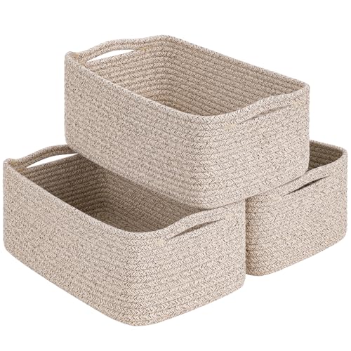 Image of Goodpick Storage Baskets, 13 x 8 x 5 in, Closet Shelf Organizers for Gifts Empty Baskets for Shelves Dog Toy Basket Woven Baskets for Storage for Towels for Organizing 3 Pack, White & Brown