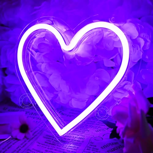 Image of SYLHOME Purple Heart Led Neon Light Sign Battery Operated or USB Powered Bedroom Wedding Wall Sign Decor Valentines Day Christmas Birthday Gifts USB 7.87 inch X 7.28 inch