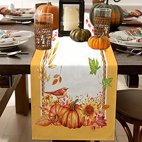 Tarklanda Camino de Mesa Otoño Decoracion Acción de Gracias Halloween Decoracion Hojas de Otoño Calabaza Girasol Cover