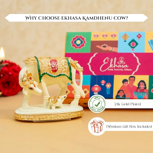 Image of Ekhasa 24K Gold Plated Kamdhenu Cow with Calf Idol Gift Box | Handpainted Gomatha Statue for Pooja Room Home Decor | Vastu Feng Shui Religious Housewarming Griha Pravesh Diwali Gift