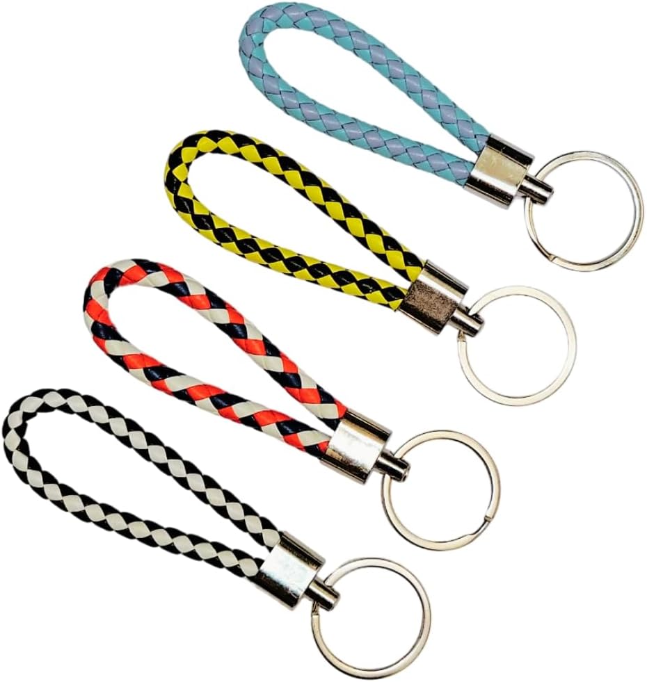 Purr Charm4 Packs PU Leather Keychain with 1.2" Stainless Steel Keyring for Men and Women - Unisex Colorful Braided Creative Accessories for Car Key - Decoration Lanyard Strap for Bag Wallet Purse