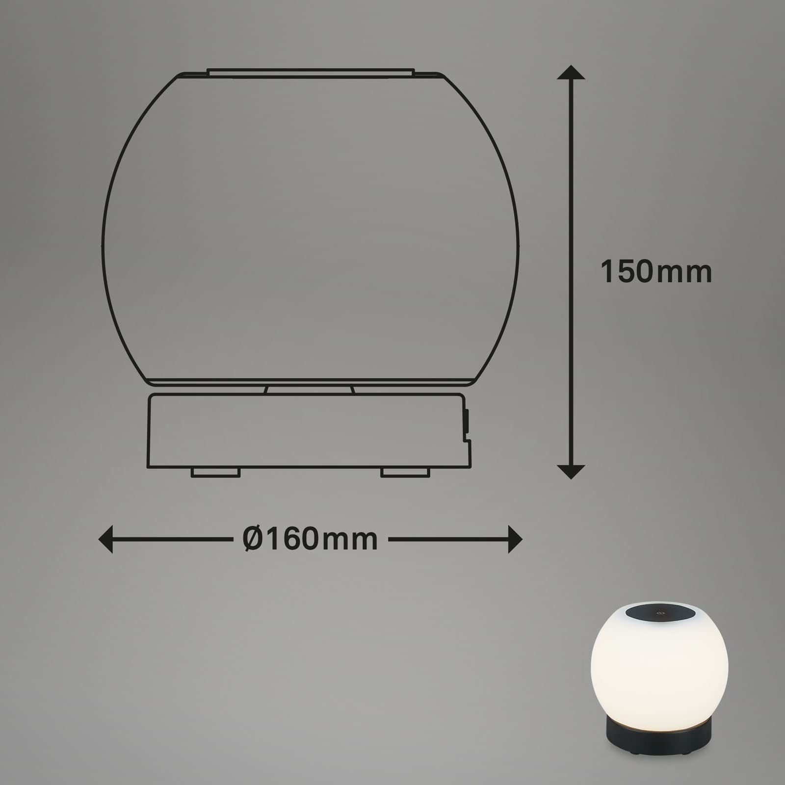 Briloner Leuchten - Lampada da tavolo LED a batteria, dimmerabile, lampada da tavolo in vetro senza fili, funzione touch, 3.300K bianco caldo, nero, 150x160 mm (HxD)