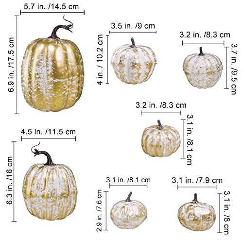 Image of 7 Pcs Assorted Sizes Fall Artificial Pumpkins Harvest Pumpkins Faux Foam Pumpkins for Fall Autumn Season Halloween Thanksgiving Harvest Holiday Season Festive Tabletop Decoration (Gold Brush White)