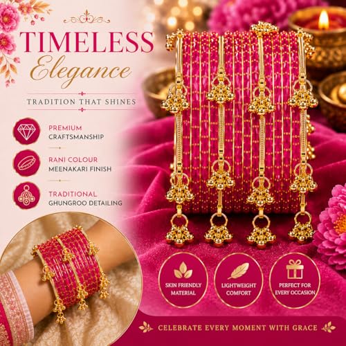 Image of JPS 16 Pcs Trendy Stylish Glass & Kashmiri Ghungroo Bangles Set for Women & Girls | Gold-Plated Traditional Festive Wedding Party Jewellery Chudi Set (12 Glass + 4 Metal)