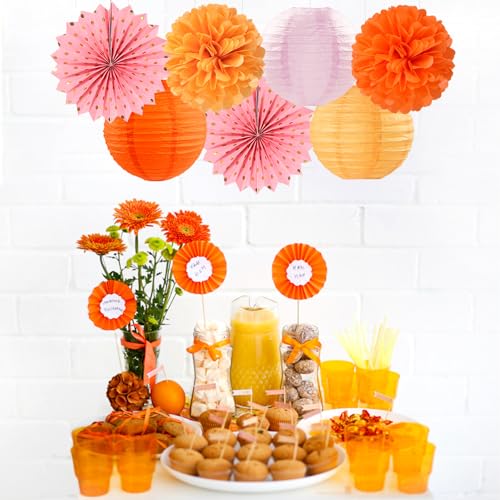 Image of Pink-Orange Groovy Party-Decorations - 20pcs Fall Autumn Thanksgiving Harvest Paper Streamers Lanterns Fans,Tissue Pom Poms,Honeycomb Balls,Bunting,Birthday Baby Bridal Shower Wedding Decor Burgleda