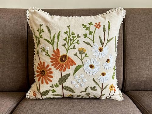 Image of Cotton Decorative Embroidered Cushion Covers | 16 x 16 inches | Premium Cushion Cover with Crewel Embroidery | Floral | Multicolour, Set of 2, for Couch, Sofa, Bed, 350 TC