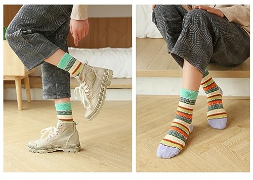Image of 5-Pairs Vintage Knitting Stripe Reindeer Wave Pattern Women's Fluffy Cute Crew Socks Warm Soft Cotton Calf Socks