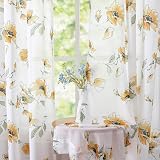 Yellow Floral Sheer Curtains 84 inches Long for Living Room, Silky-Smooth Chiffon Privacy Semi Sheer Drapes Chinoiserie WildFlower Patterned Window Curtains 2 Panel Sets for Bedroom, Yellow and White