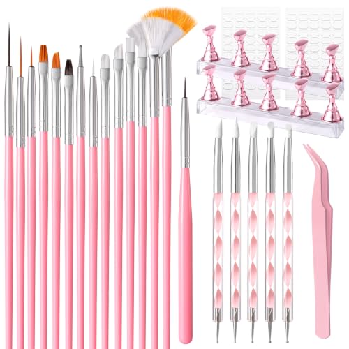 Image of MelodySusie Nail Art Tools Set, 15 Pcs Pink Nail Art Brushes, 5 Dual Tipped Sculpture and Dotting Brushes, Nail Stands, Tweezer and 100 Double-sided Tape, Manicure Design Home and Salon