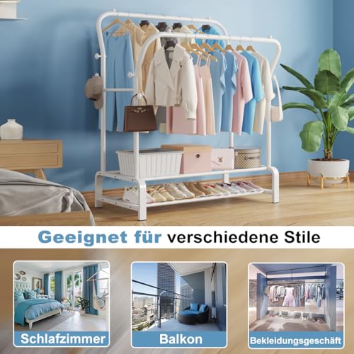SMILOVII Kleiderständer, Multifunktional Garderobenständer, Freistehender Doppelruten Kleiderbügel für schlafzimmer Kleiderständer, Stabil Kleiderstange mit 8 Haken und 2 Schuhregal metall, weiß