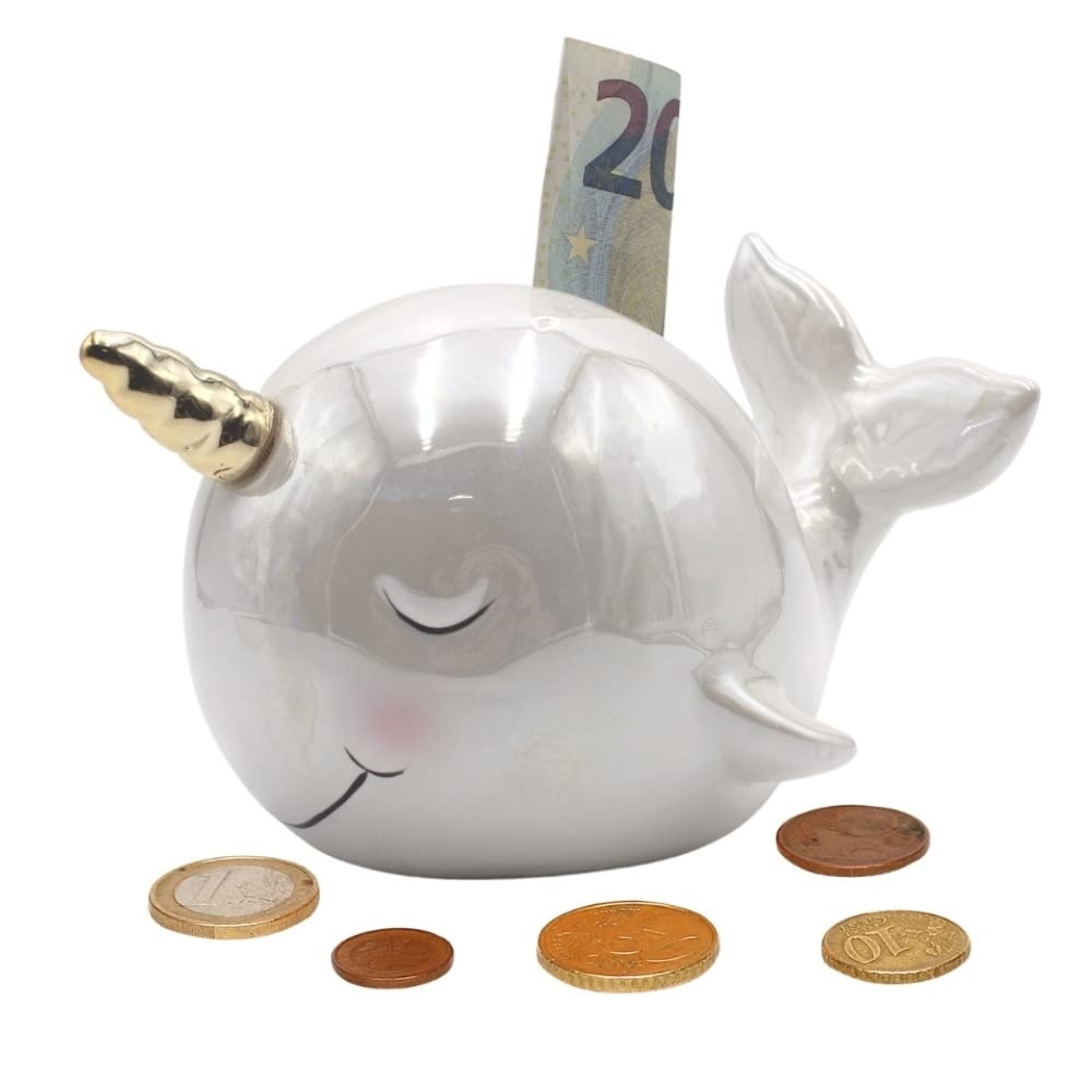Dekohelden24 Ceramic Whale Money Box Pearl Effect White Unicorn Whale Money Box 17 x 13 x 11 cm