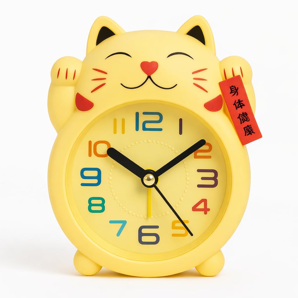 JRose Collections Cat Alarm Clock for Kids 10x9cm Cute Analog Bedside Clock Quartz Battery Operated Loud Alarm Easy Read Colourful Numbers Children Bedroom Desk Clock 1 AA Battery Not Included