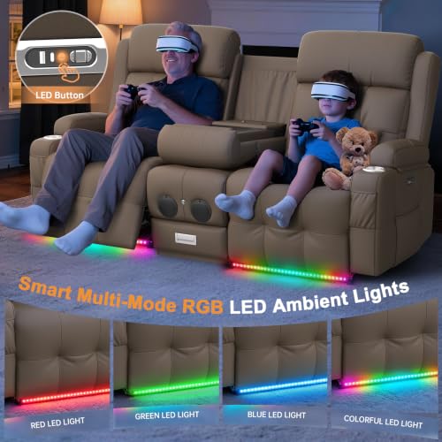 Image of Home Theater Seating, Power Loveseat Recliner Sofa with Massage & Heat, Wall Hugger Reclining Loveseat with USB, RV Couch with LED Lights, Flip Backrest, Cup Holders for Movie Theater & Gaming Room