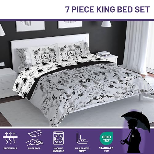 Image of Wednesday Addams King Comforter Set 7 Piece Floral Bedding for Girls, Gray