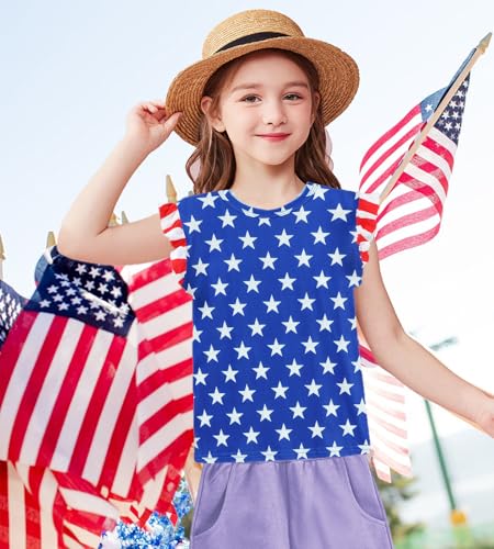 Image of Tkria Girls 4th of July Tank Tops Red White and Blue Shirt Toddler Girl American Flag Patriotic Outfit 2-7 Years