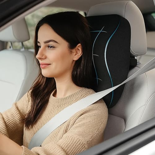 Image of Sulfar Neckrest Cushion for Neck and Cervical Support - Car Headrest Memory Foam Pillow - Designed to Relieve Neck Pain and Muscle Tension with Balanced Softness (Black, Pack of 1) Large