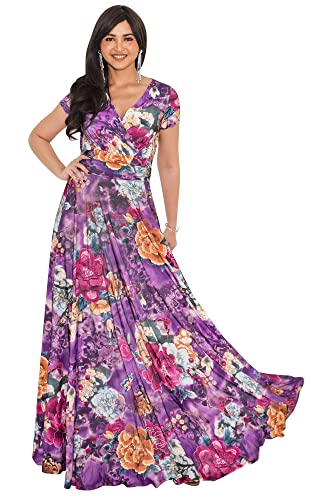 KOH KOH Womens Long Maxi Summer Floral Print Short Sleeve Flowy Modest Casual Floor Length Spring Summer Sundress Maxi Dress Dresses Gown Gowns, Pink on Purple L 12-14