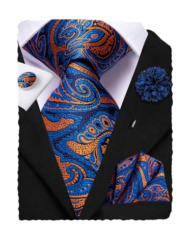 Image of Hi-Tie Men's Tie Lapel Pin Set Pocket Square Cufflinks Formal Woven Silk Tie Sets Wedding Party