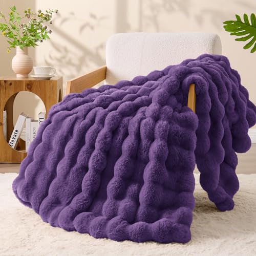 Image of BEDELITE Faux Fur Throw Bubble Blanket for Couch, 60 inch x 80 inch, Purple | 870GSM Soft Cozy Plush Blanket for Sofa & Bed Living Room Decor, Warm Fuzzy Faux Rabbit Fur for Women Gift, All Season Use