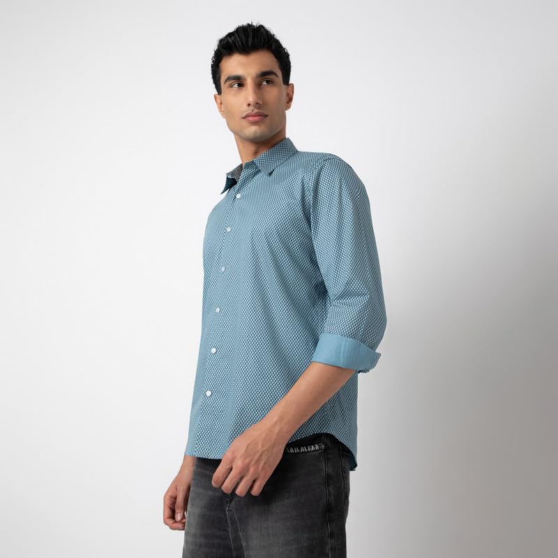 Image of MARK & ALBERT Men's Printed Full Sleeves Regular Fit Shirt Blue | 100% Cotton Stretchable Fabric