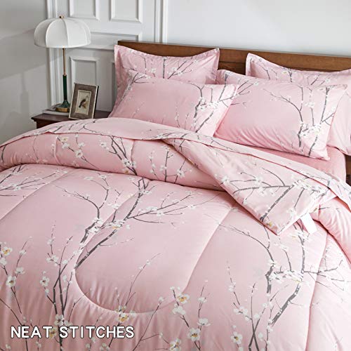 Aikasy Bed In A Bag 7 Pieces Queen Size - Floral Print - Soft Microfiber, Reversible Bed Comforter Set (1 Comforter, 2 Pillow Shams, 1 Flat Sheet, 1 Fitted Sheet, 2 Pillowcases)（Pink, Queen） #TOP4