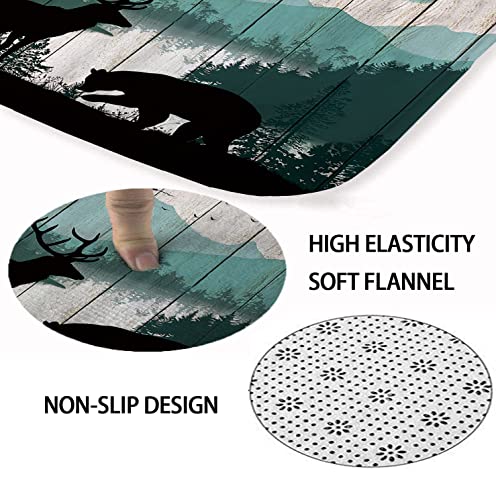 Dia Magico 4Pcs Cabin Shower Curtain Set, Black Bear Deer Elk Moose Wildlife Animal Hunting Lodge Pine Tree Woodland Sun Mountain Country Rustic Farmhouse Bathroom Decor Non-Slip Bath Mat, Teal Forest #TOP5