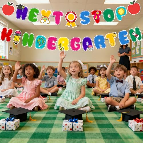 Image of Preschool Graduation Decorations Banner - Pre-Strung Next Stop Kindergarten Garland for Pre K Grad Children Graduate Party Decor