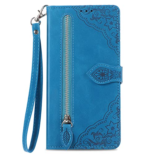 NEXCURIO Zip Wallet Case Compatible with Google Pixel 7a 5G Phone Case Wallet with Credit Card Holder Strap Stand Women Leather Flip Case Floral Folding Cover Shockproof - Blue