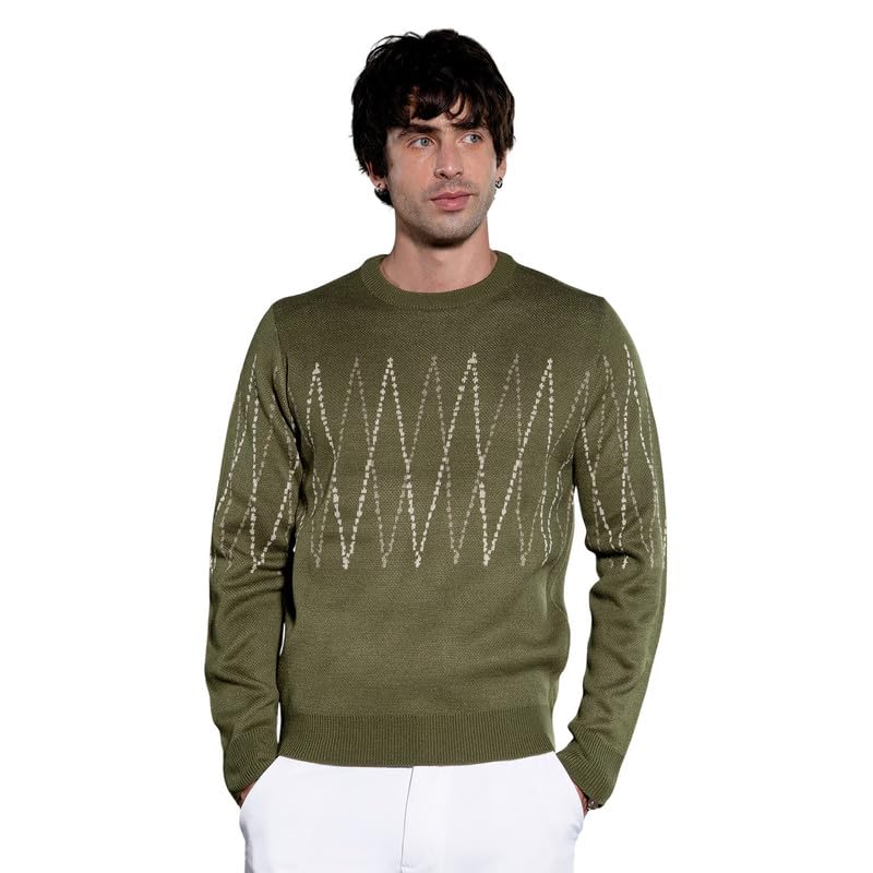 cahoot Men Sweater | Round Neck, Long Ribbed-Cuff Sleeves | Pull On, Ribbed-Straight Hem | Geometric Jacquard Knitted Fabric for Casual Olive Green-picture-47