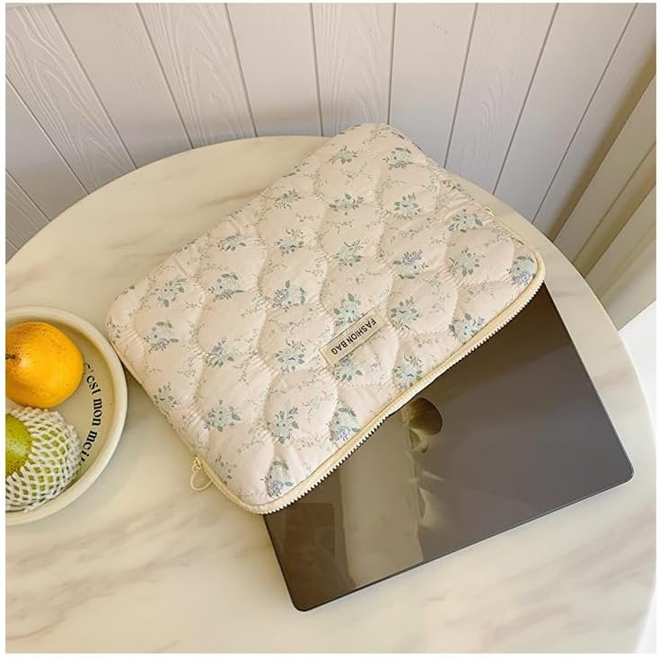 Fairycore Laptop Case for Women Floral Carrying Tablet Bag Cover Puffy Quilted Computer Liner Bag 11-15.6 Inch (13-14 Inch,White)