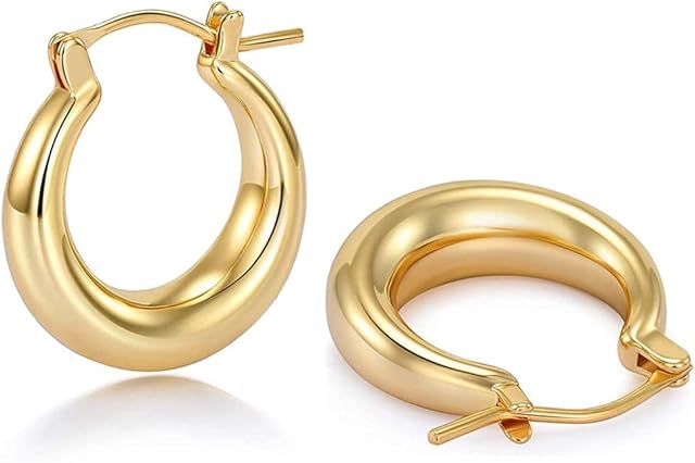 Chunky Hoop Earrings 18k Gold Plated Round Hoops for Women Hypoallergenic Earrings Lightweight Minimalist Jewelry Gift
