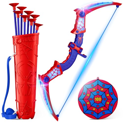 Mirthigig Jouet Garçon 3-12 Ans, ArcFlèche avec Lumières LED Rouges & Bleues, Carquois & Cible Toile Jeux d’Extérieur Enfant 3-12 Ans Cadeau Anniversaire...
