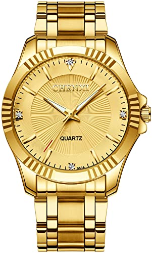 MASTOP Diamante Dial Fashion Casual Mens Gold Watch Quartz Stainless Steel Water Resistant Wrist Watch
