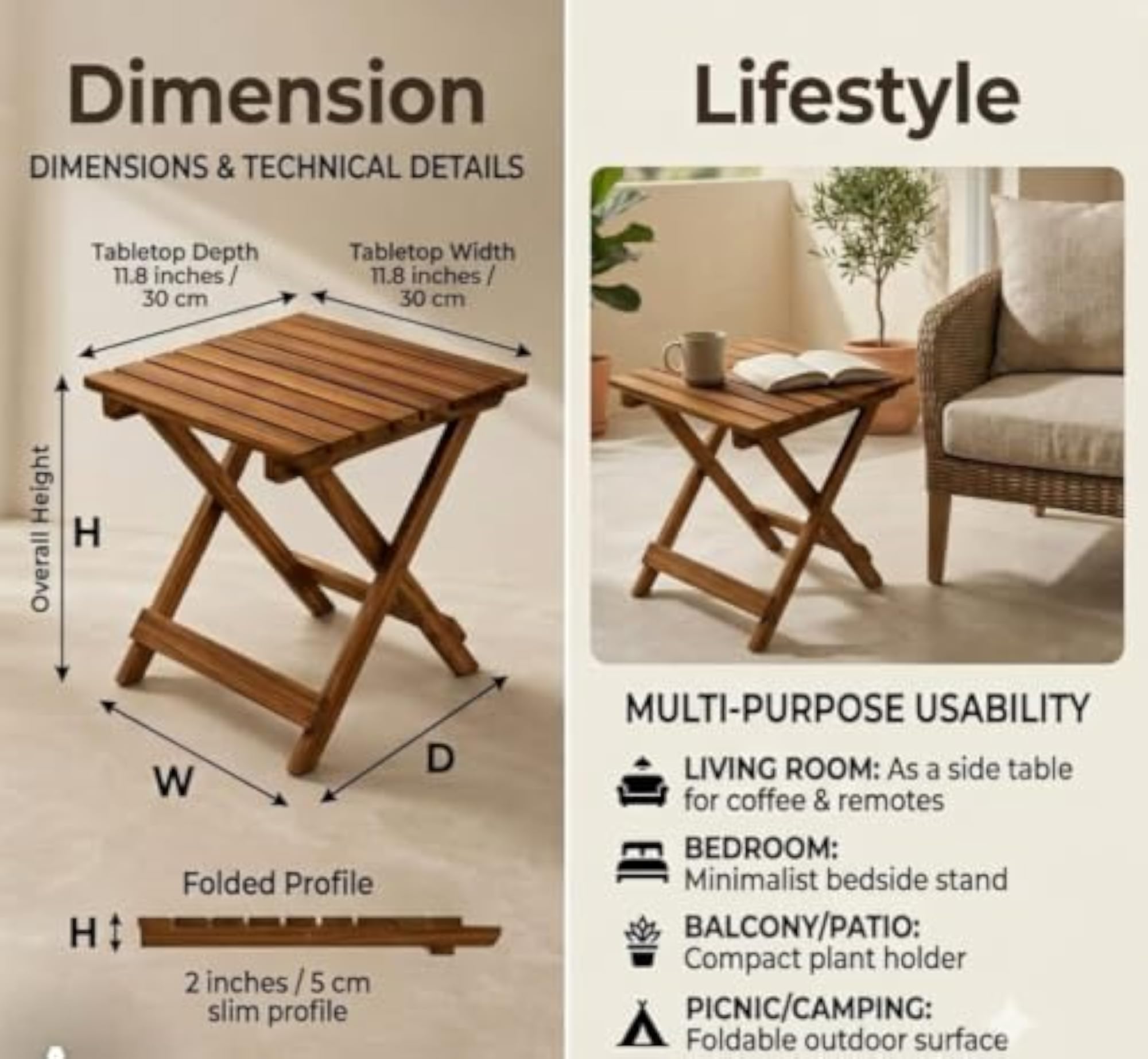 Superior Solid Wood Folding Side Table, Handcrafted Square End Table