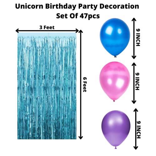 Image of Party Decorz Unicorn Theme Birthday Decoration Set Of 47pcs(1pcs Happy Birthday Banner +12pcs Unicorn Paper Cutout +2pcs Props +1pcs Cake Topper+1pcs Blue Curtain +30pcs Balloons) For Rainbow Theme