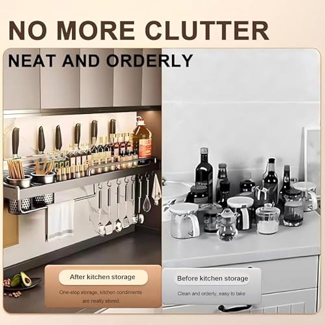 Spice Rack Wall Mount Kitchen Utensil Rack Wall Mounted Spice Rack with Hooks Wall Mount, Hanging Storage Wall Shelf for Spatula Spoon, Seasoning Jar Organizer (80cm)