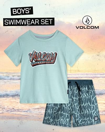 Image of Volcom Baby Boys Swim Set - 2 Piece Short Sleeve Swim Shirt Graphic Tees & Board Shorts - Infant Toddler Little Boys Swimsuit