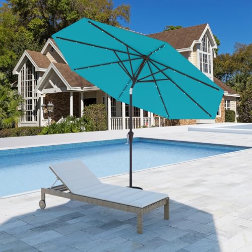 Image of 9FT Patio Umbrella with Solar Lights,Outdoor Market Umbrella with Tilt and Crank, LED Lighted Table Umbrella for Garden,Deck,Backyard,Pool,Beach (Light Blue)