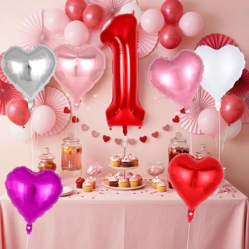 Image of 40 Inch Red Number 1 Balloon, Foil Heart Balloons for 1st Birthday Decorations, 1st Birthday Balloon Set for Valentine's Day Wedding Anniversary Baby Shower Decorations