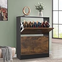 Shoe Cabinet with 2 Drawer, Pull Down Wooden Shoe Storage Organizer Cupboard Shoes Rack Cabinet Freestanding Footwear Rack Stand Hallway, Entryway, Living Rooms, 60W x 24D x 80H cm