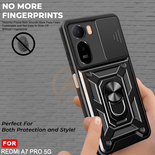 Image of Armor Bumper Back Cover Case for Redmi A7 Pro / C85X 5G | Rotating Camera Cover, Ring Holder & Kickstand | Heavy Duty & 360 Degree Protection Back Cover (Black)