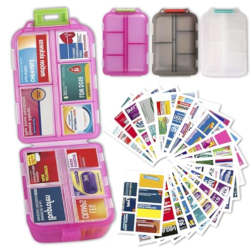 Image of 3 Pack Large Pill Organizers with Medicine Labels, Pink White Grey | Set of 3 large pill cases with 3x161 medicine labels for 7-day planning, family use, travel, and separate routines
